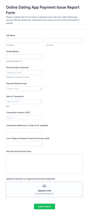 Online Dating App Payment Issue Report Form Template