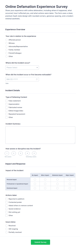 Online Defamation Experience Survey Form Template