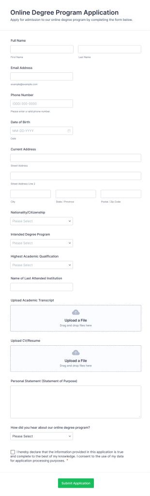 Online Degree Program Application Form Template