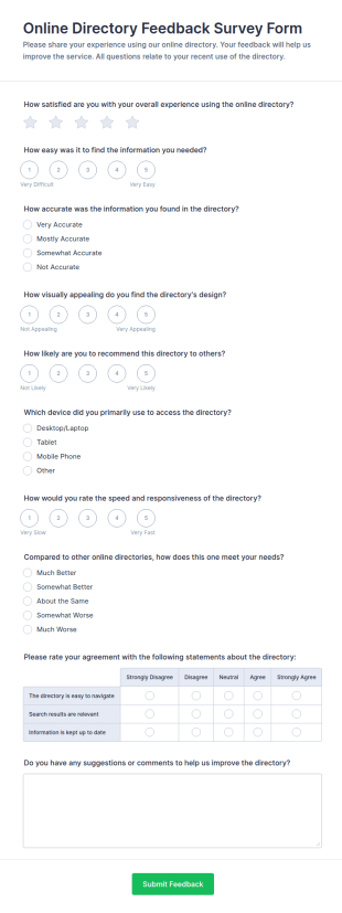 Online Directory Feedback Survey Form Template