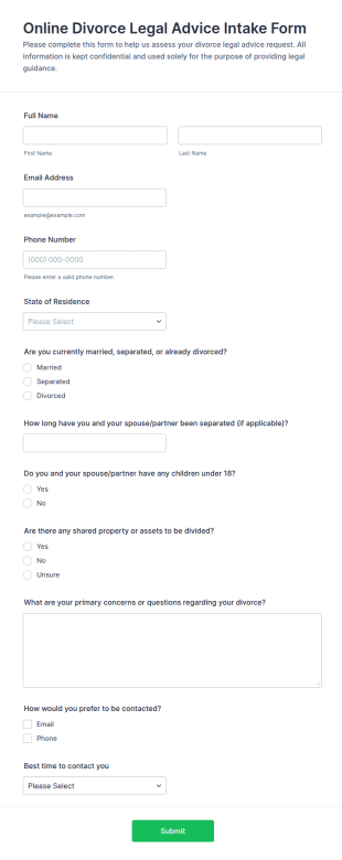 Online Divorce Legal Advice Intake Form Template