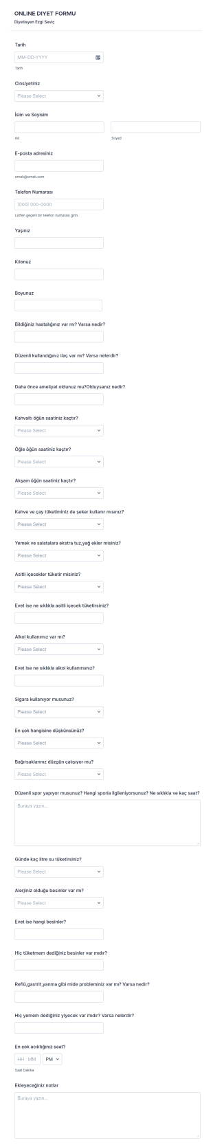 Onlıne Dıyet Form Şablonu