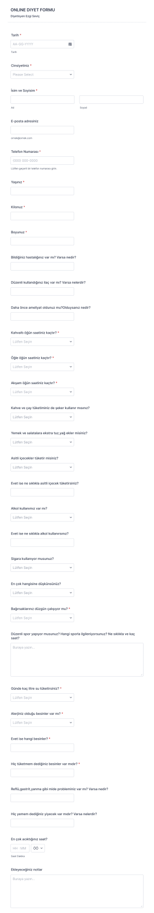 Onlıne Dıyet Form Template