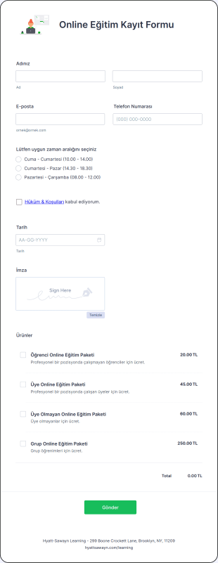 Online Eğitim Kayıt Form Şablonu