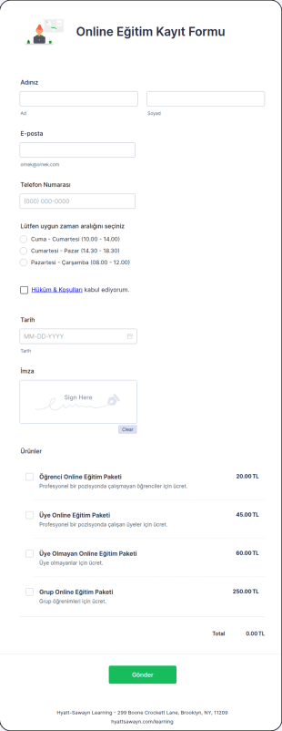 Online Eğitim Kayıt Form Şablonu