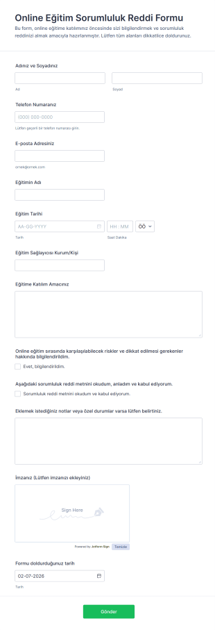 Online Eğitim Sorumluluk Reddi Form Şablonu