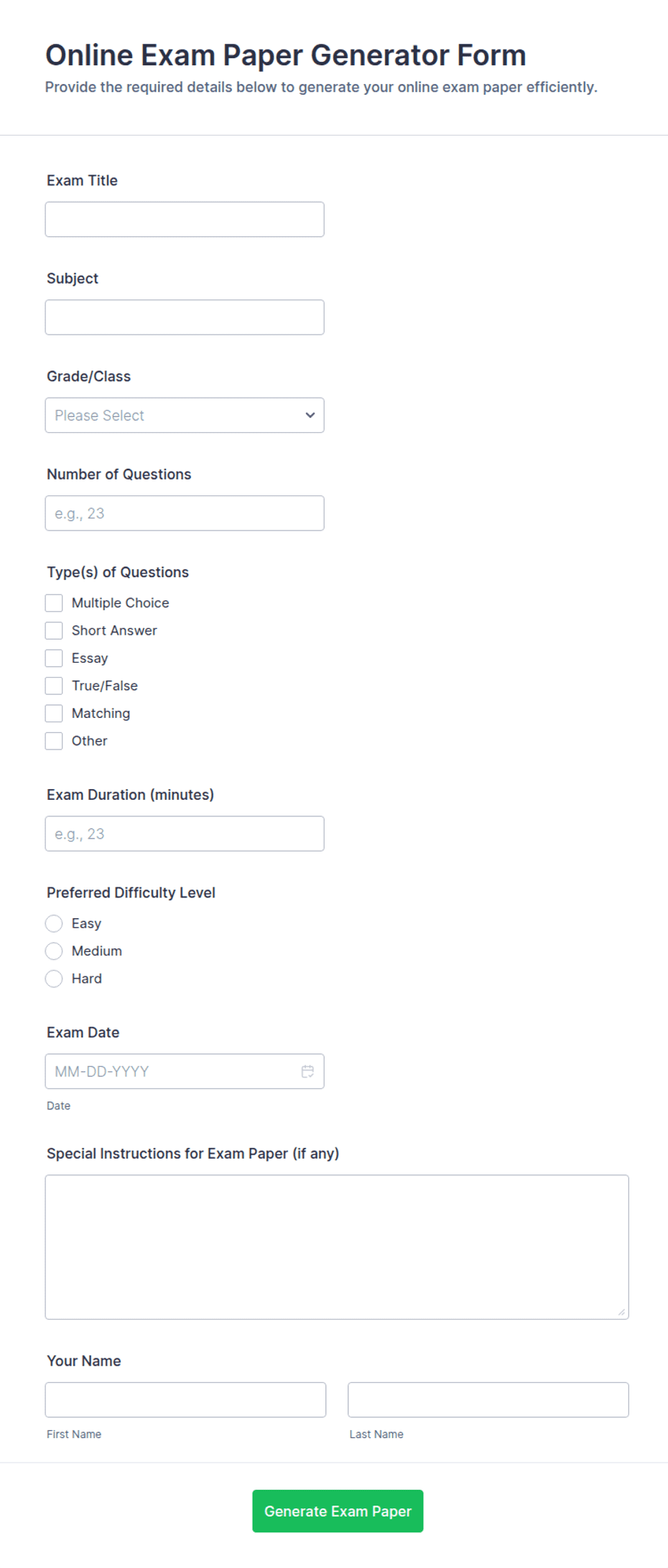 Online Exam Paper Generator Form Template | Jotform