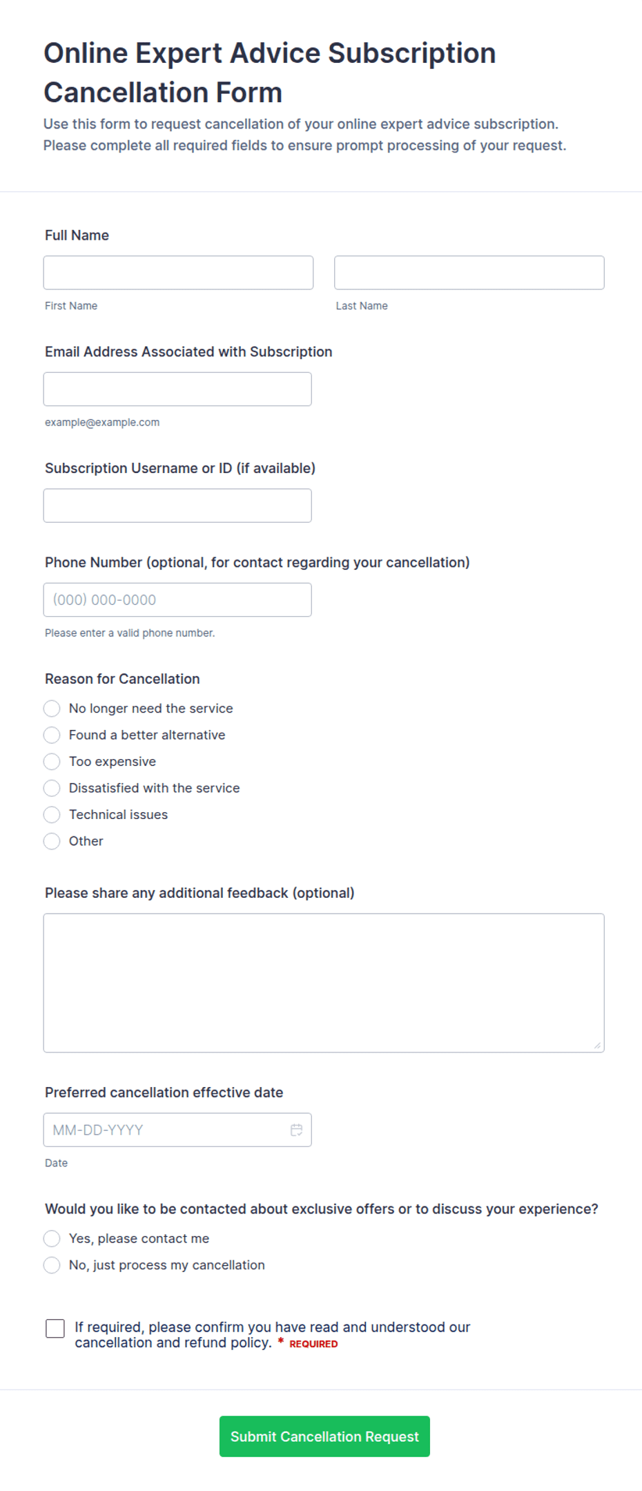 Online Expert Advice Subscription Cancellation Form Template | Jotform