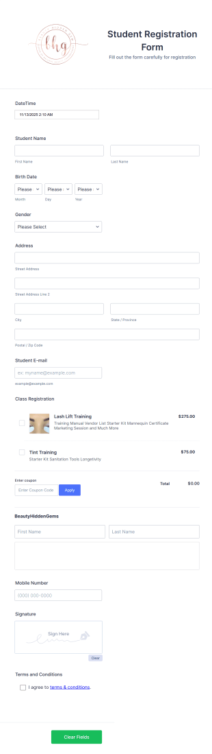 Eyelash Training Registration Form Template