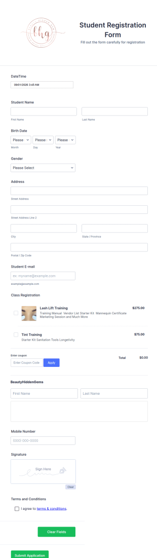 Eyelash Training Registration Form Template