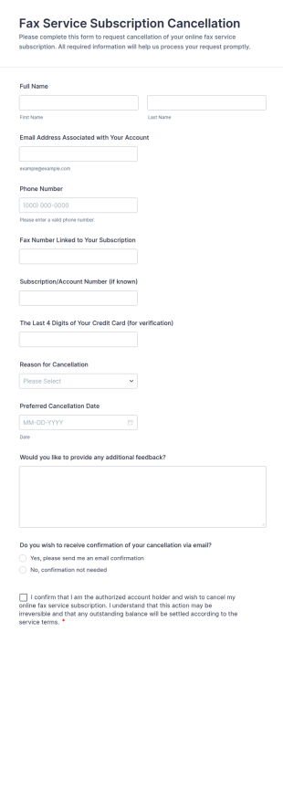 Online Fax Service Subscription Cancellation Form Template