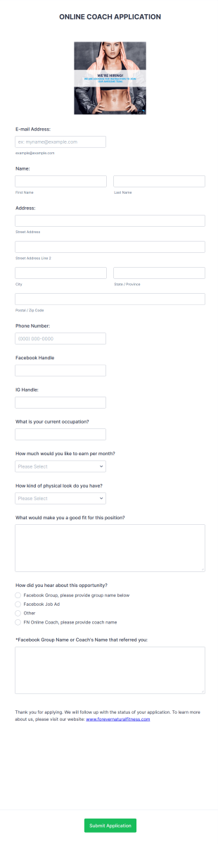 Online Fitness Coach Application Form Template