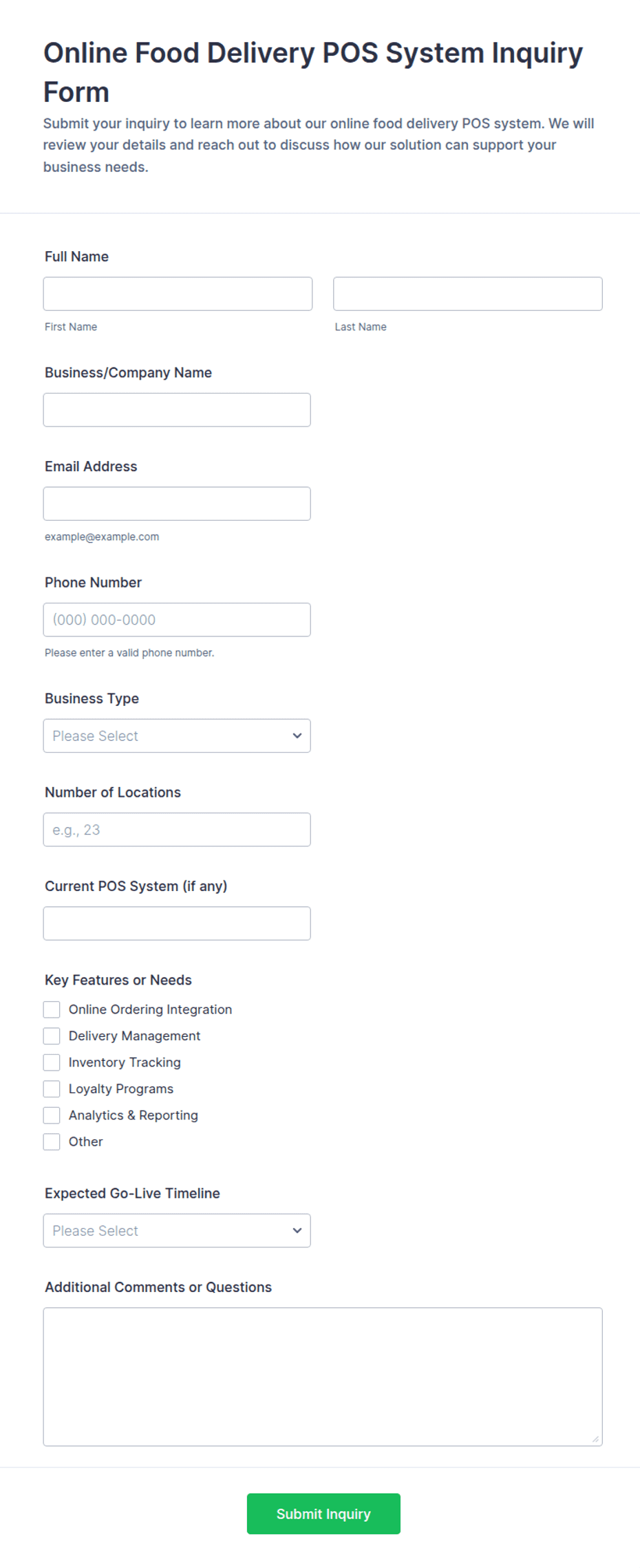 Online Food Delivery POS System Inquiry Form Template | Jotform
