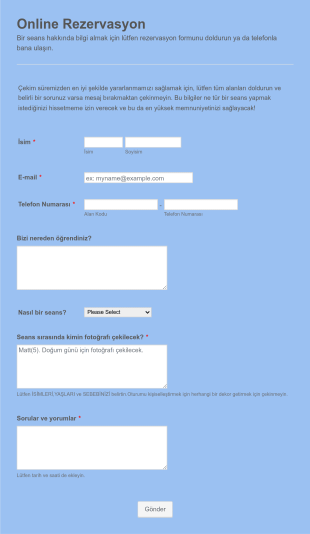 Online Fotoğraf Çekimi Rezervasyon Form Template