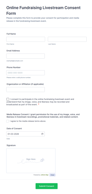 Online Fundraising Livestream Consent Form Template