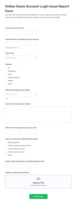 Online Game Account Login Issue Report Form Template