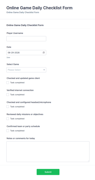 Online Game Daily Checklist Form Template