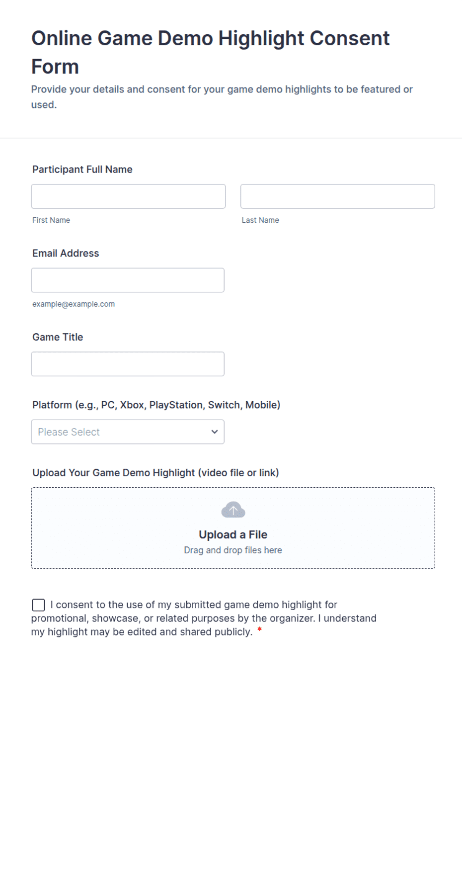 Online Game Demo Highlight Consent Form Template | Jotform
