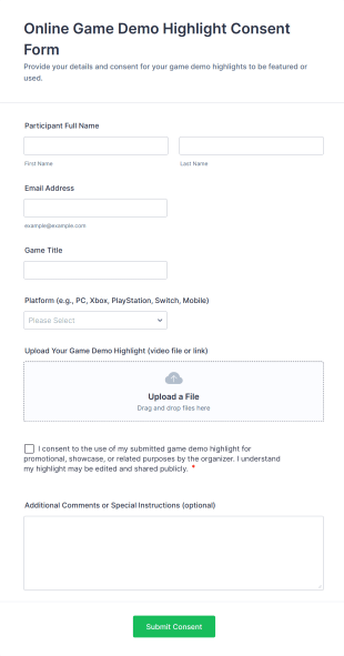 Online Game Demo Highlight Consent Form Template