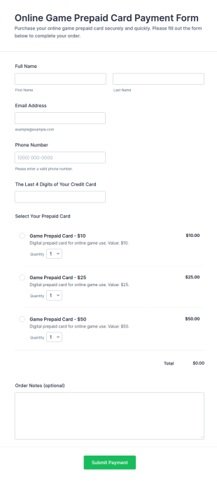 Online Game Prepaid Card Payment Form Template