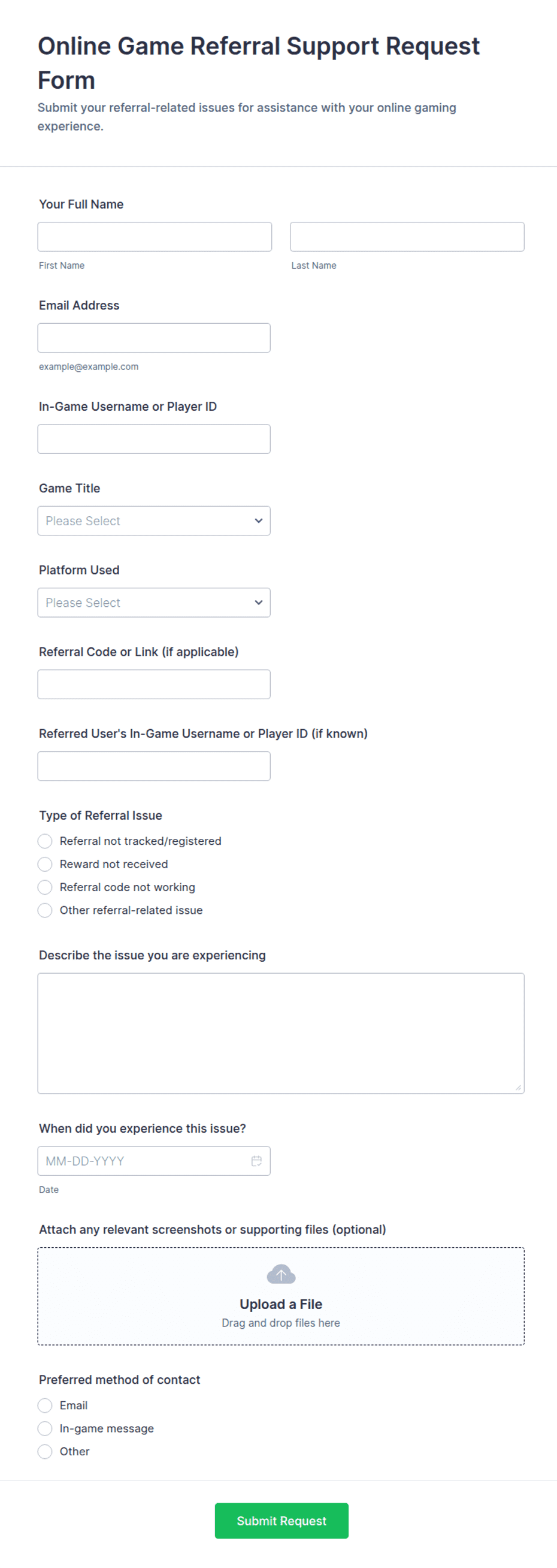 Online Game Referral Support Request Form Template | Jotform