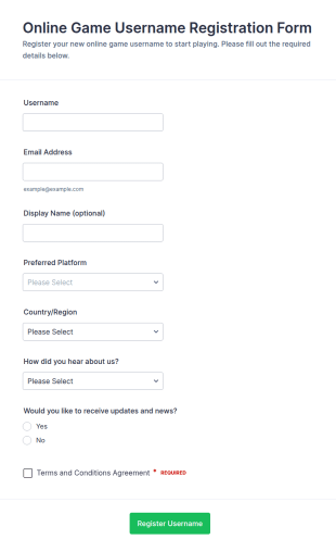 Online Game Username Registration Form Template
