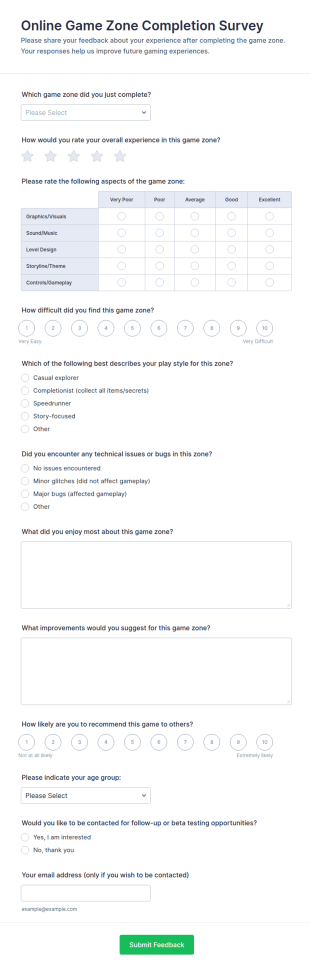 Online Game Zone Completion Survey Form Template
