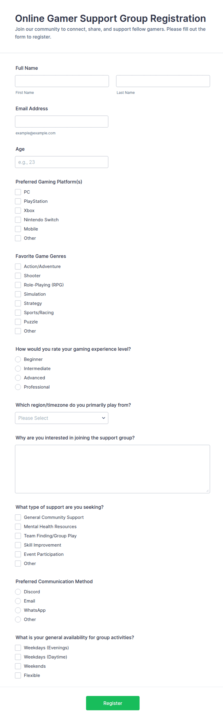 Online Gamer Support Group Registration Form Template | Jotform