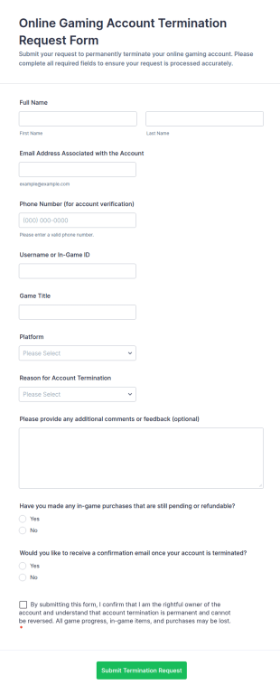 Online Gaming Account Termination Request Form Template