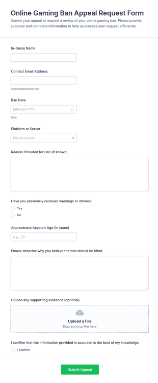 Online Gaming Ban Appeal Request Form Template