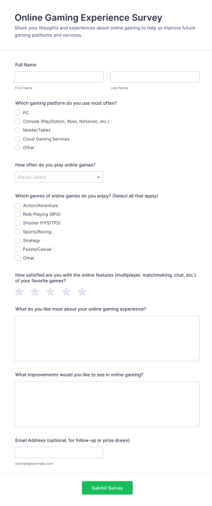 Online Gaming Experience Survey Form Template