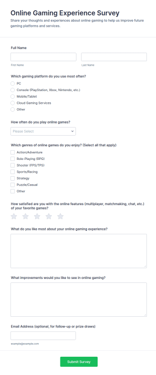 Online Gaming Experience Survey Form Template