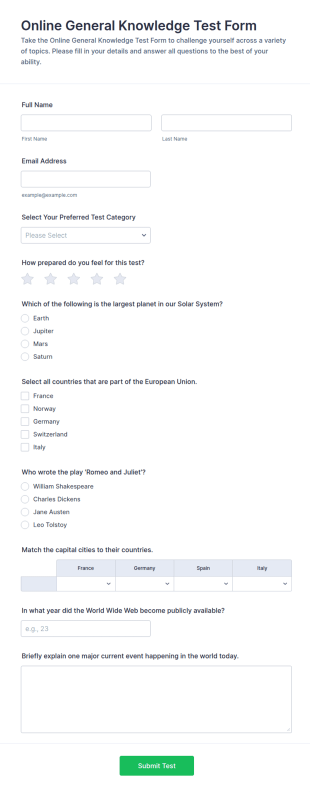 Online General Knowledge Test Form Template