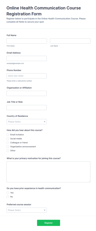 Online Health Communication Course Registration Form Template