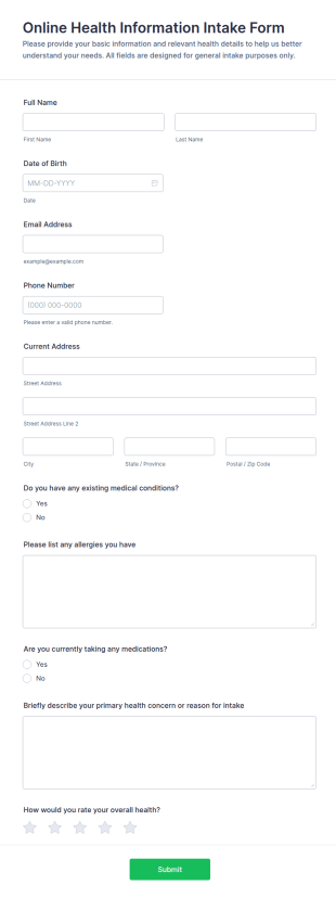 Online Health Information Intake Form Template