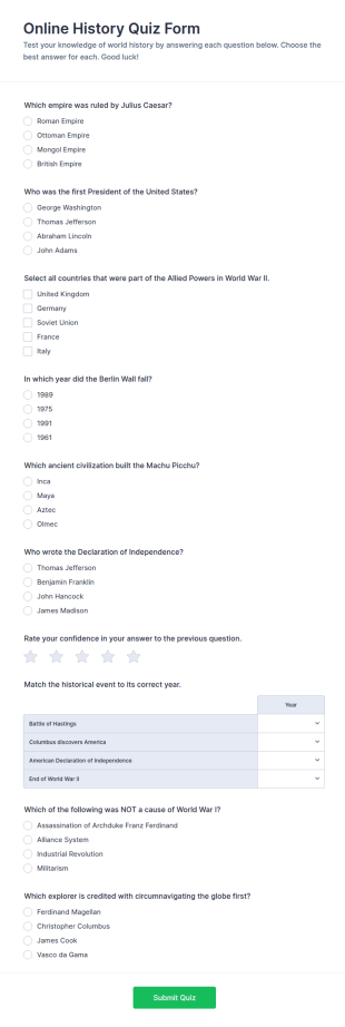 Online History Quiz Form Template