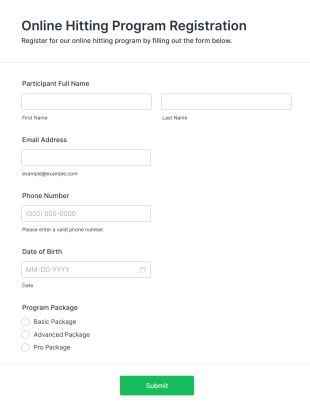 Online Hitting Program Registration Form Template