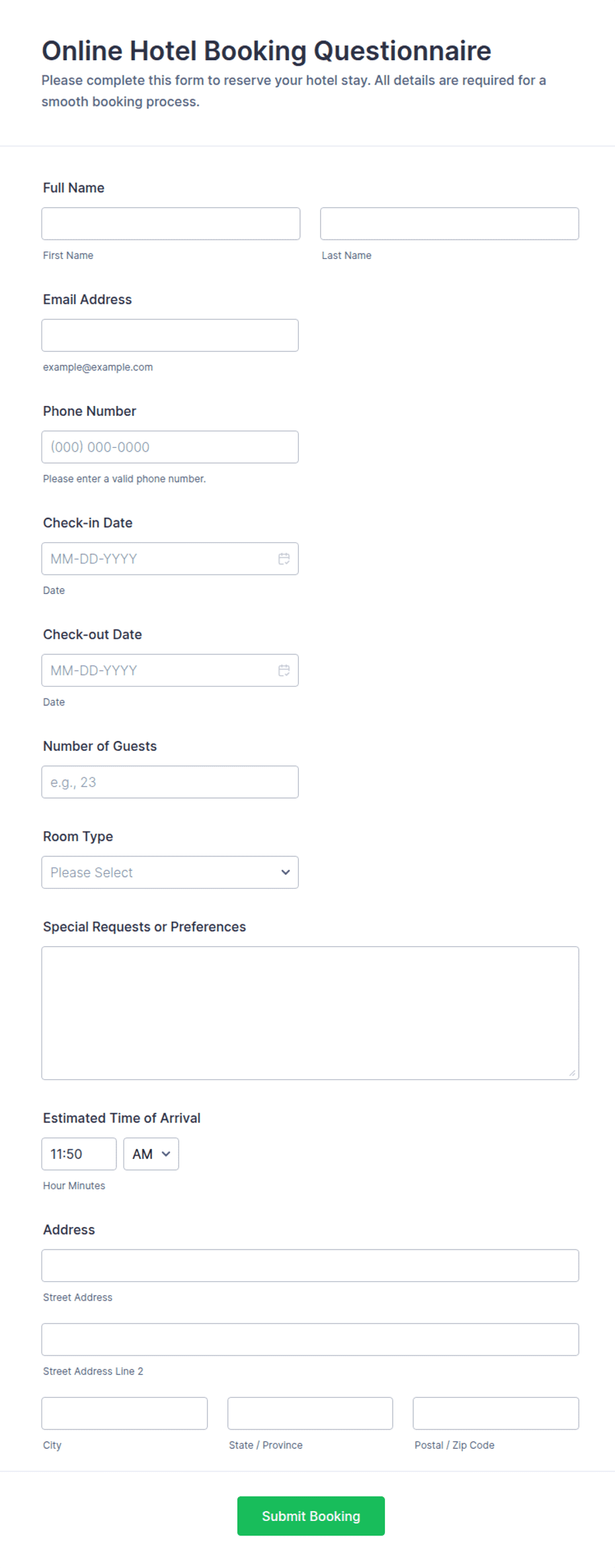 Online Hotel Booking Questionnaire Form Template | Jotform