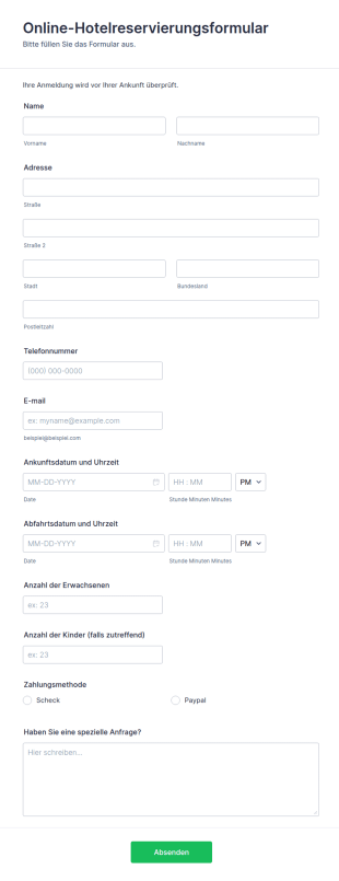 Online Hotelreservierungsformular