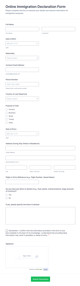 Online Immigration Declaration Form Template