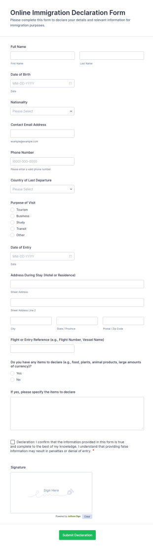Online Immigration Declaration Form Template