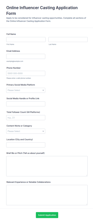 Online Influencer Casting Application Form Template