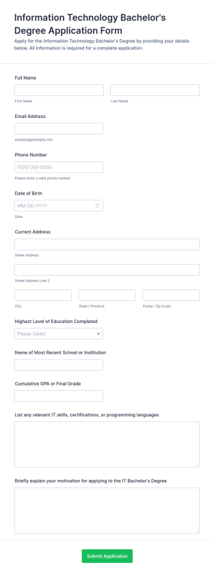 Online Information Technology Bachelor's Degree Application Form Template