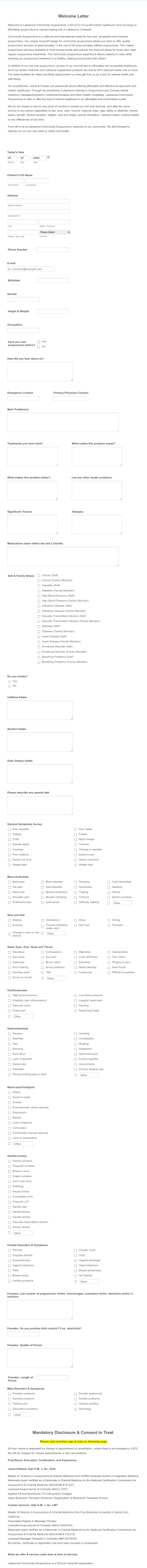 Online Intake Form Lakewood Community Acupuncture