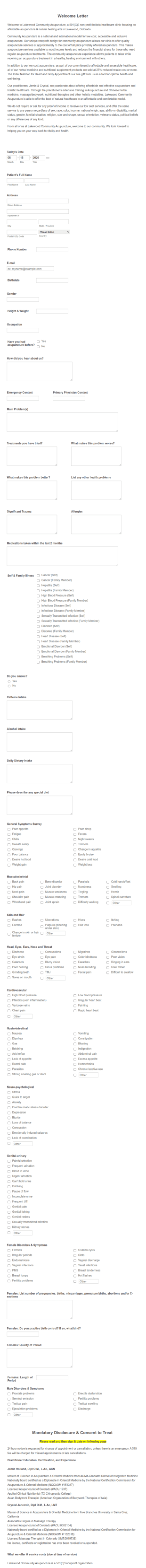 Online Intake Form Lakewood Community Acupuncture