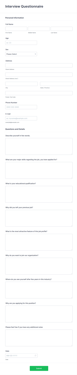 Online Interview Questionnaire Form Template