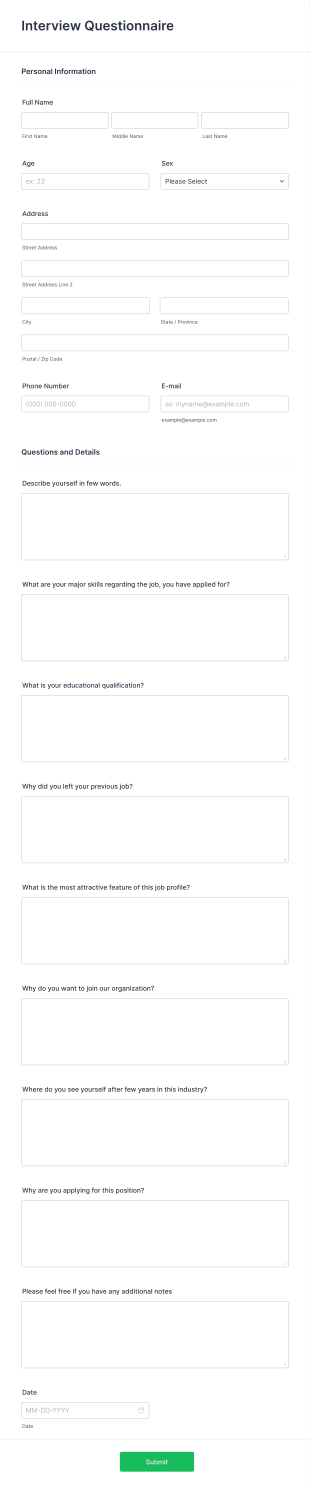 Online Interview Questionnaire Form Template