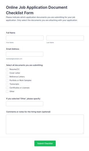 Online Job Application Document Checklist Form Template