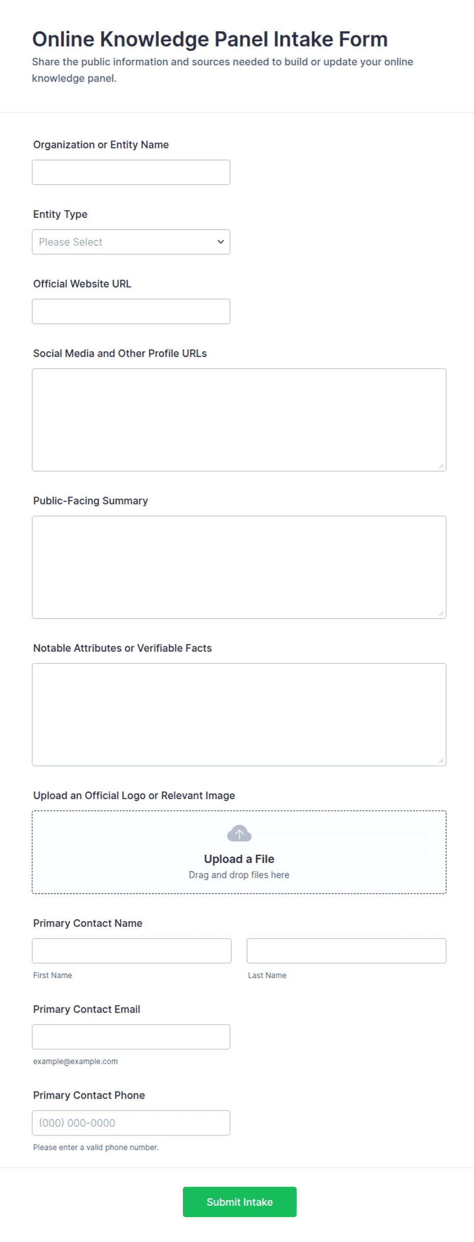 Online Knowledge Panel Intake Form Template | Jotform