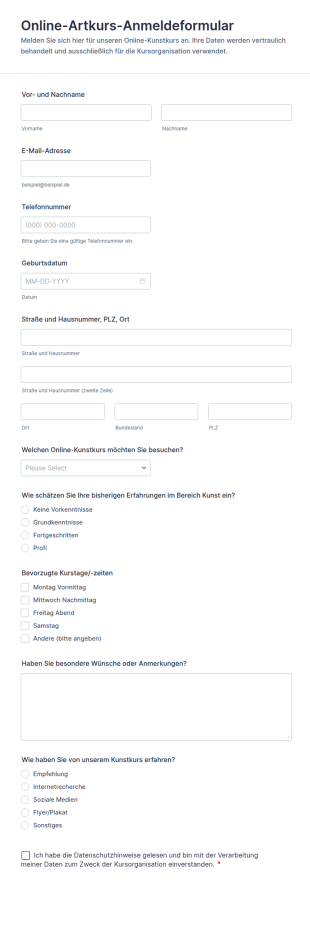 Online Kunstkurs Anmeldungsformular